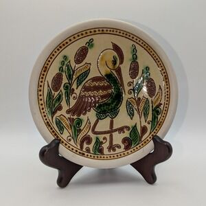Kosiv Hutsul Pottery Ukrainian Folk Art Plate Crane Stork Trushyk 6"